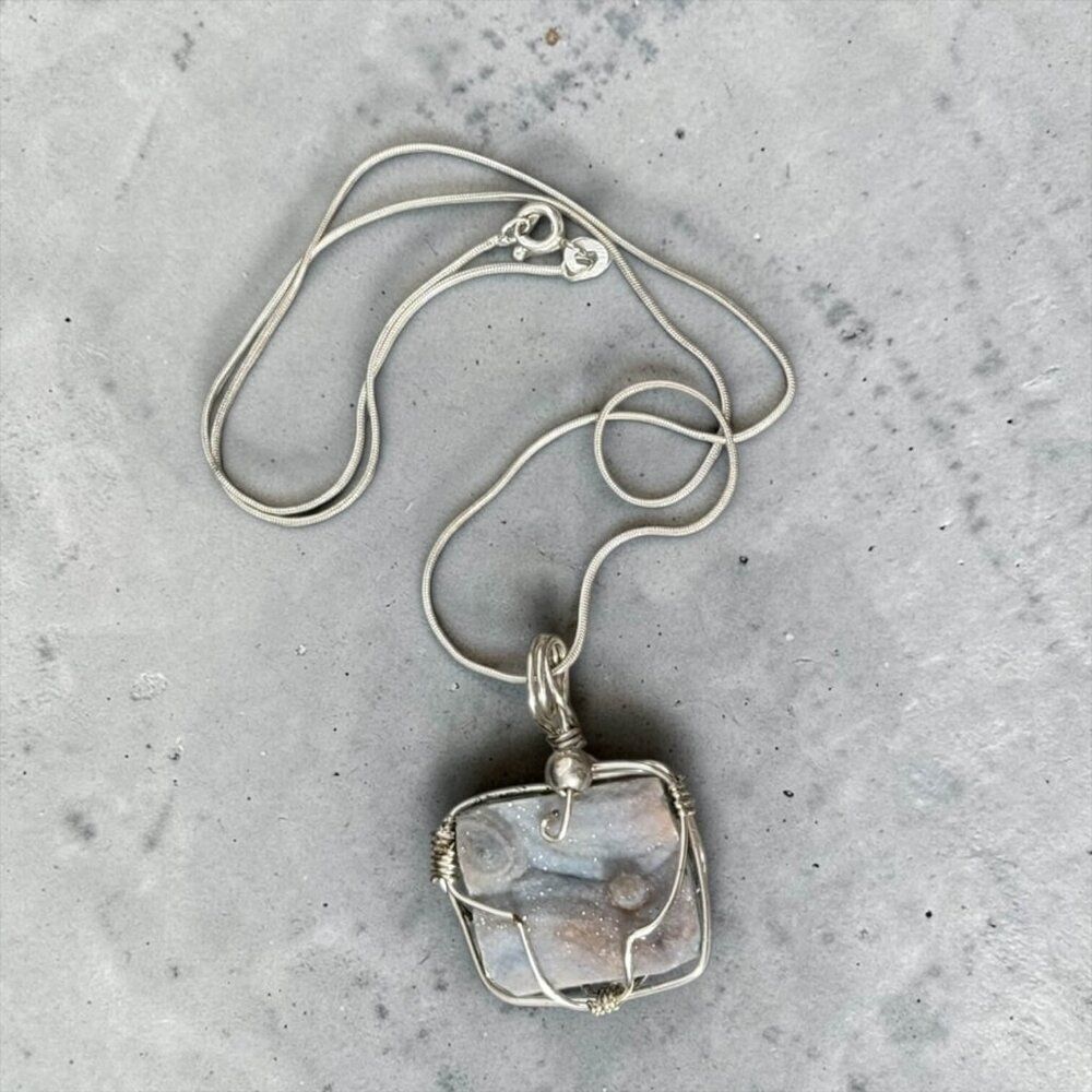 Sand Druzy Sterling Silver Wire Wrap Necklace – 55ct Square Artisan Pendant NWT